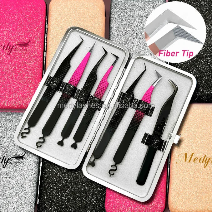 Best Fiber Tip 90 Degree Volume Eyelash Custom Lash Tweezer Box Packaging Fiber Tip Lash Tweezers Isolation Tweezers with Charm