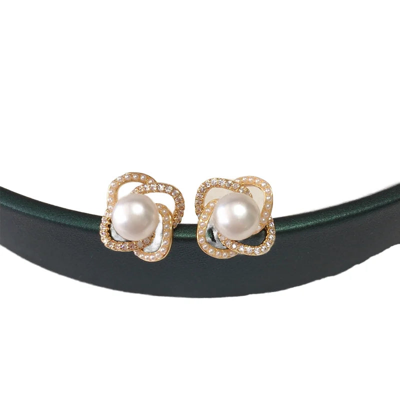 Natural Camellia Flower Pearl Studs 18K Gold Plated Zircon Genuine Freshwater Pearl Earrings