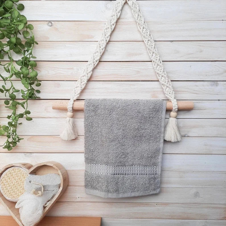 2025 New Customized Hand Towel Holder Boho Bathroom Decor Recycled Cotton Cord Wooden Holder W1569