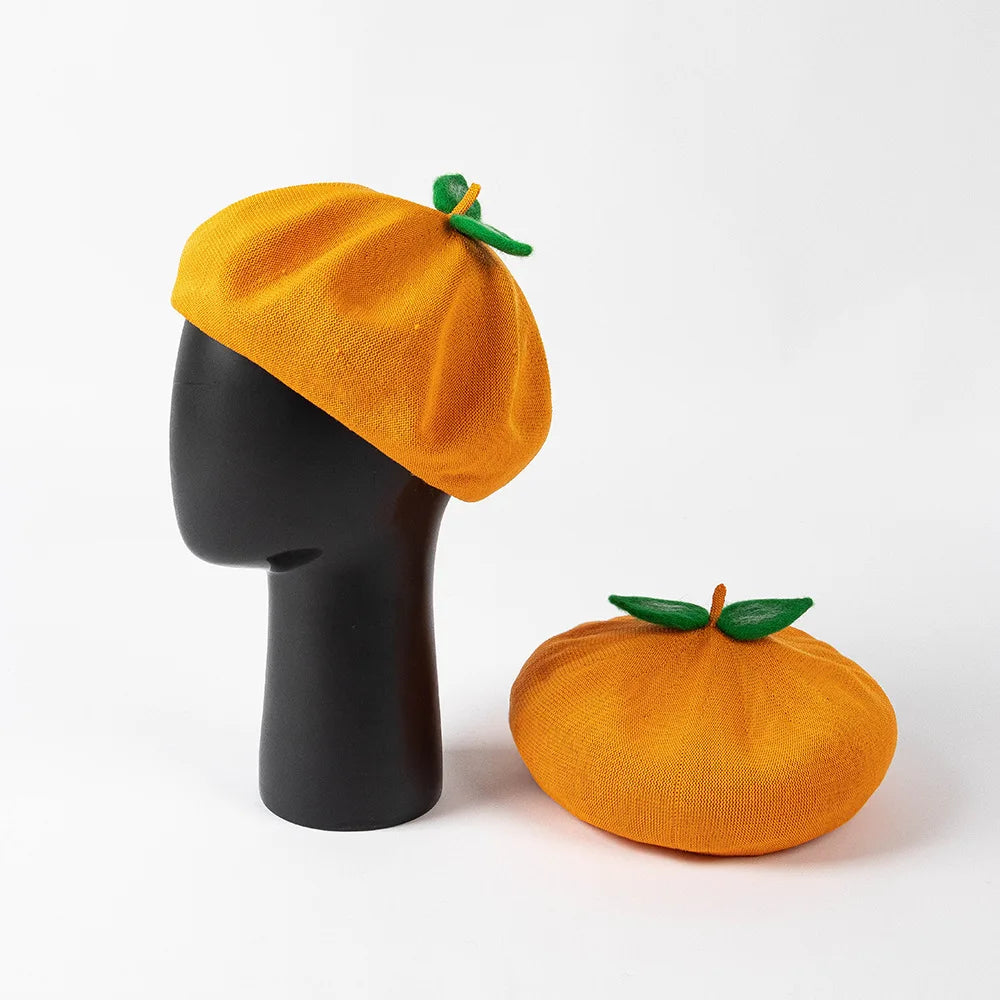 Wholesale Custom Spring Orange Leaves Mushroom Beret Cute Boina Cap Women Ladies Wood Beret Hats