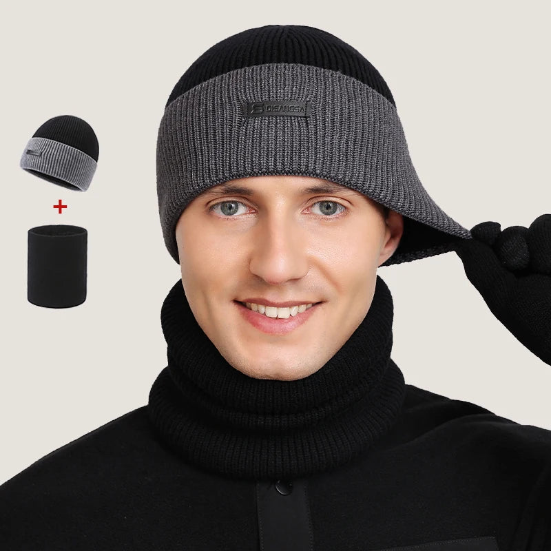 Fashion Man Thermal Knitted Hat Gloves Cycling Warm Winter Beanie Scarf Hat Set