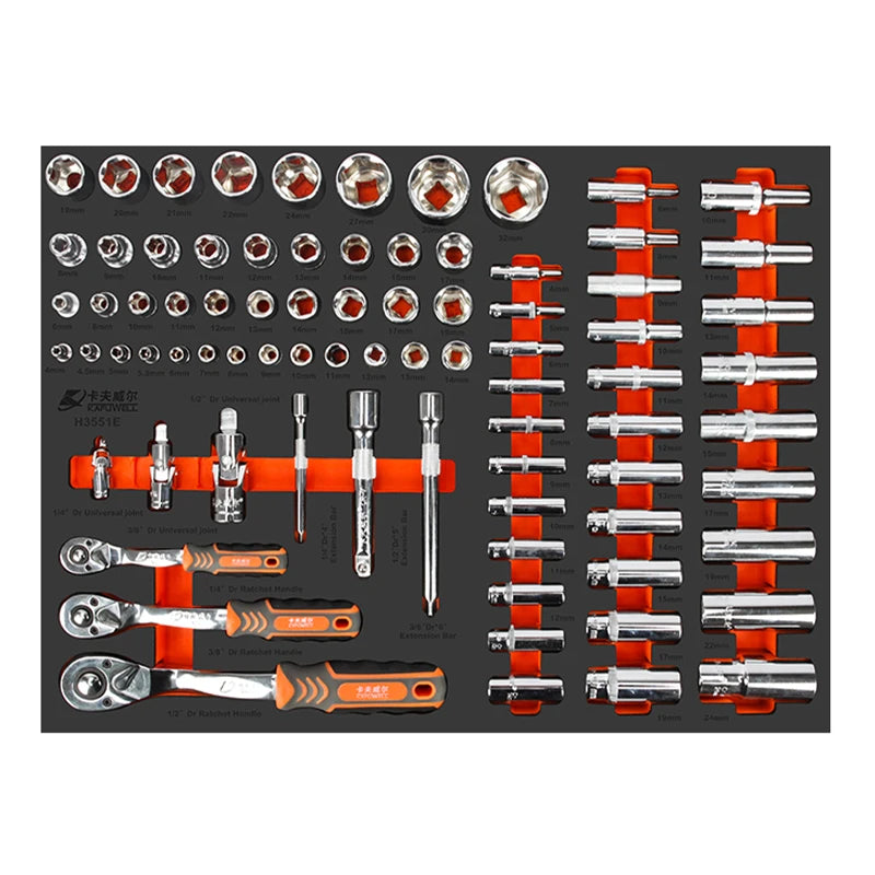 KAFUWELL H3551E Multi-functional Full Size 1/4 1/2 3/8 8 - 32 Mm Tool Trolley Cabinet Tool Set