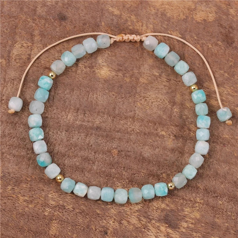 Natural Gemstone Dainty 4mm Square Candy Amazonite Stone Beads Bracelet Stacking Women Minimalist Tibetan Yoga Jewelry Wholesale