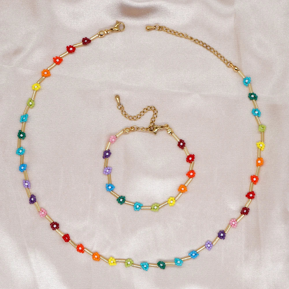 Go2BoHo Fashion Jewelry Set Rainbow Miyuki Seed Bead Handmade Woven Daisy Flower Lobster Clasp Bracelet & Necklace for Women