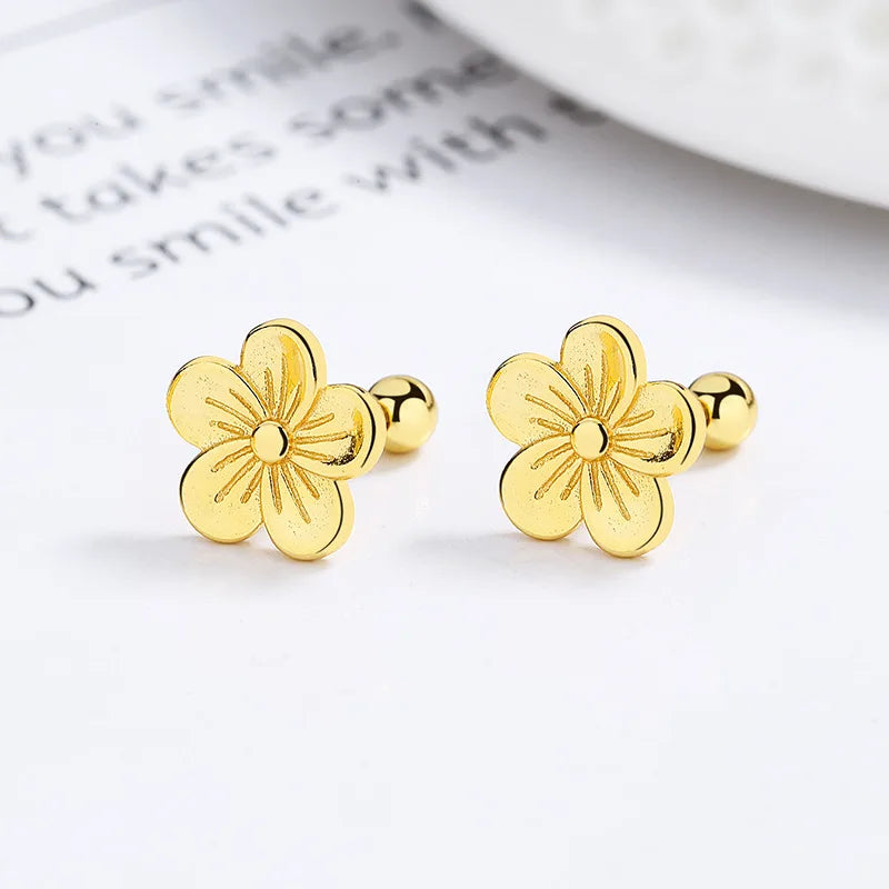 925 Sterling Silver Thread Earring Flower Five Petals Peach Blossom Gold Plated Stud Earrings for Women