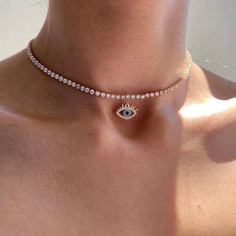 Wholesale Turkish Eyes Women Jewelry Gold Iced Retro Simple Devil Eye Rhinestone Claw Clavicle Tennis Chain Evil I Eye Necklace