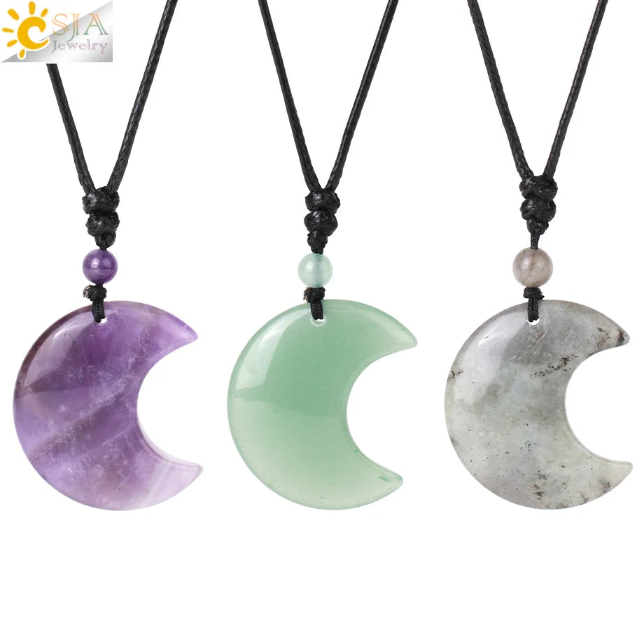 CSJA New Healing Jewelry Rope Energy Lucky Reiki Natural Stone Quartz Half Crescent Moon Crystals Necklaces H092