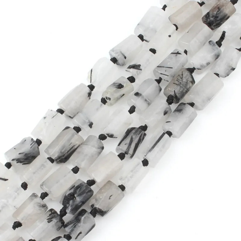 Natural Faceted Black Rutilated Quartz Semi Gemstone 8x11mm Cylinder Shape Loose Beads for Jewelry Making DIY