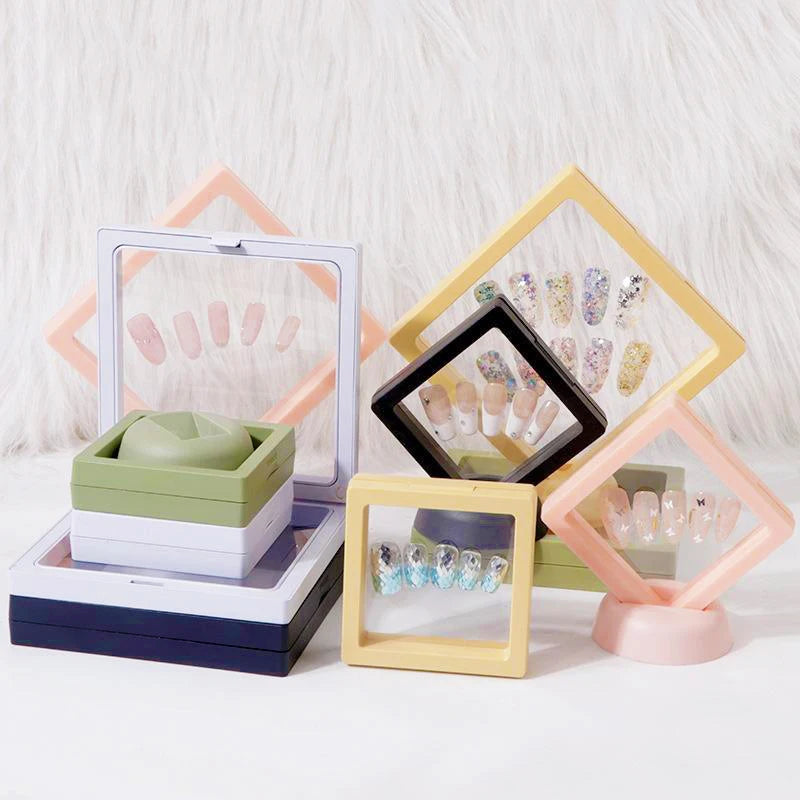 Clear PE Film Custom Logo Floating Frame Press on Nail Packaging Box for Beauty Shop Manicure Show Fake Nails Display Boxes