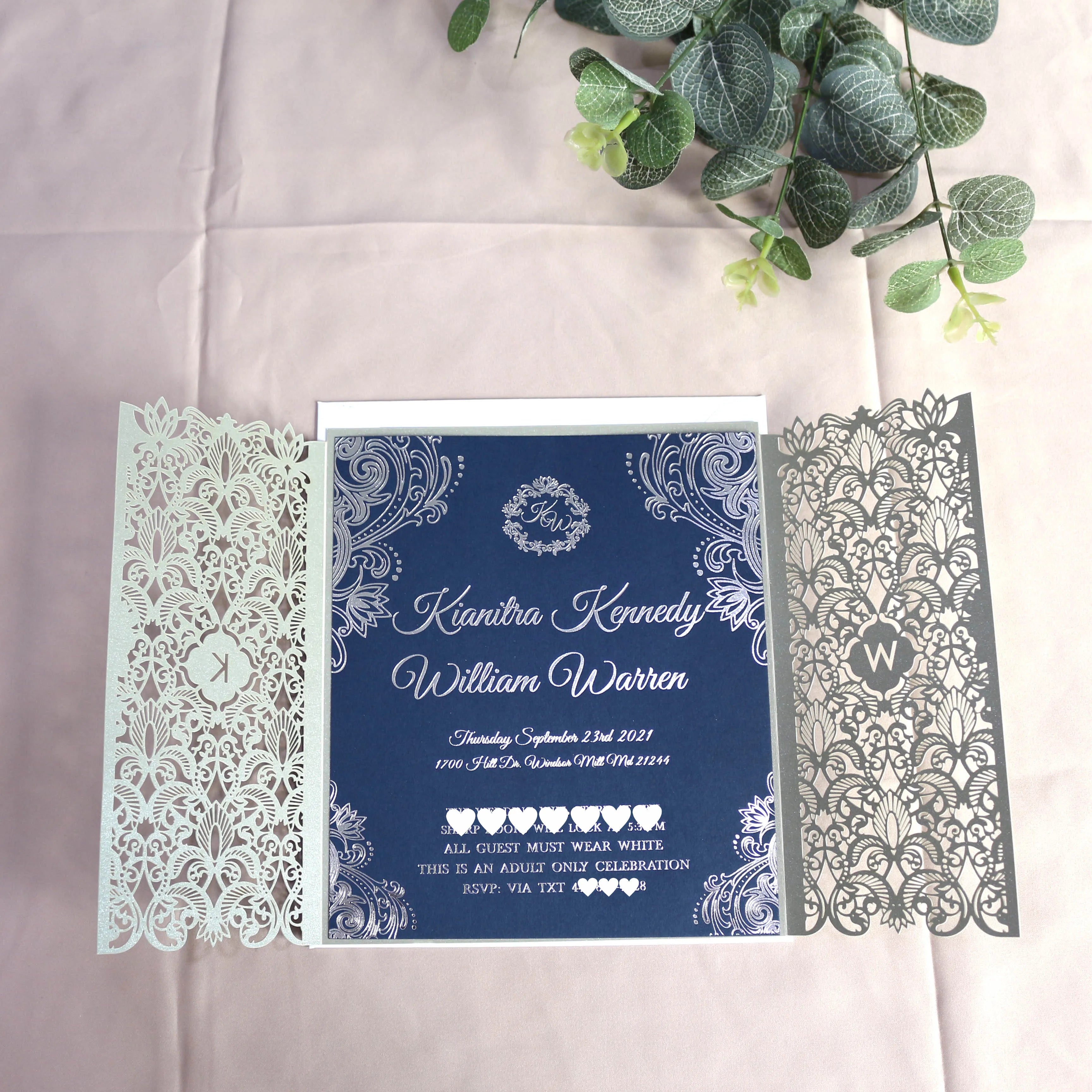 Elegant Navy Blue Personalized DIY Wedding Paper Invitation Set Silver Foil RSVP Cards & Envelopes with Music Style