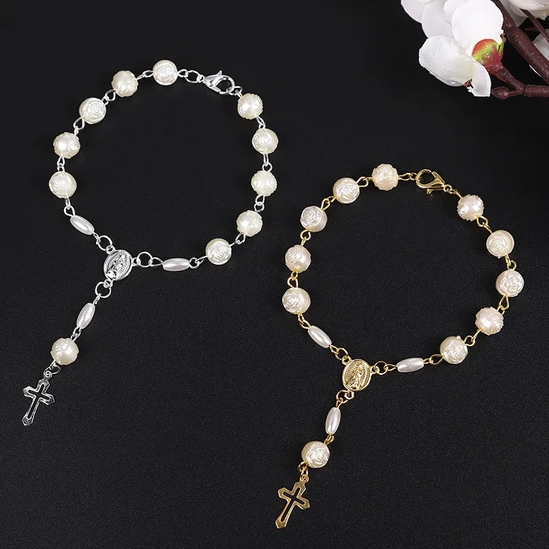 SC New Arrival Christening Rosary Bracelet Rose Pearl Bead Bracelet Hollow Cross Pendant Bracelet for Women