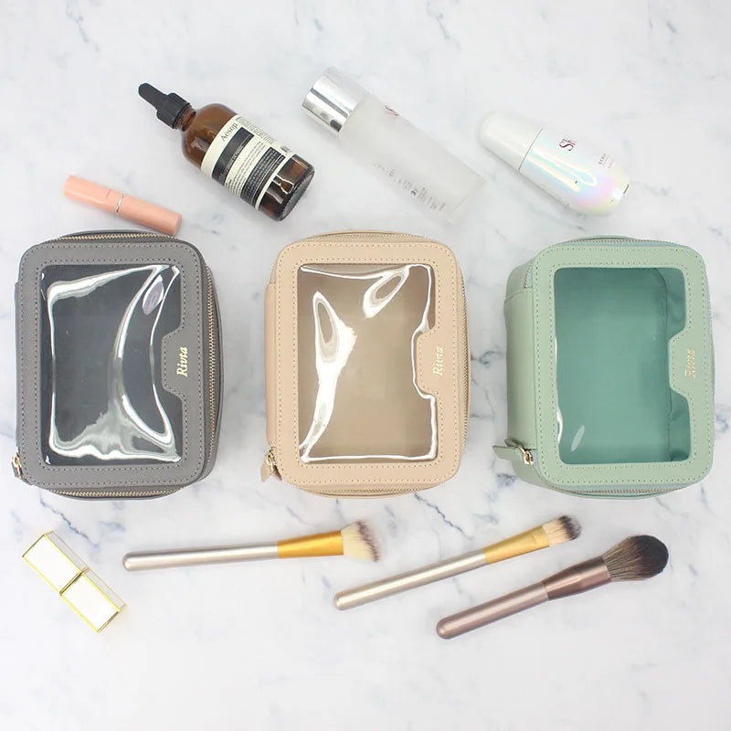 Custom Waterproof PU Leather PVC Transparent Zipper Clear Makeup Cosmetic Bags Cases
