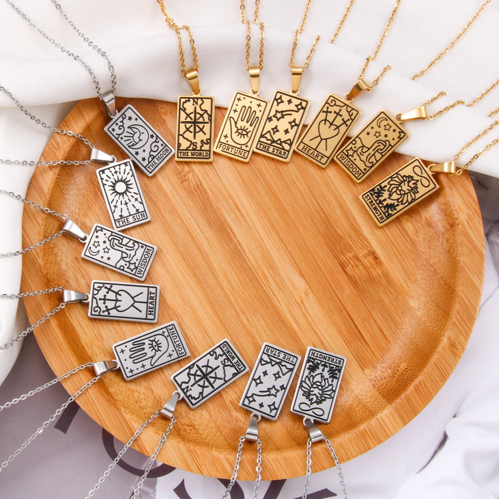 Fashion Gold Color Stainless Steel Gift the Moon Sun Star Tarot Jewelry Tarot Cards Charms Necklace for Women Girls