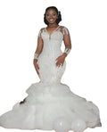 African Luxury Wedding Dresses V Neck Wedding Gown Lace Beaded Mermaid Wedding Dresses