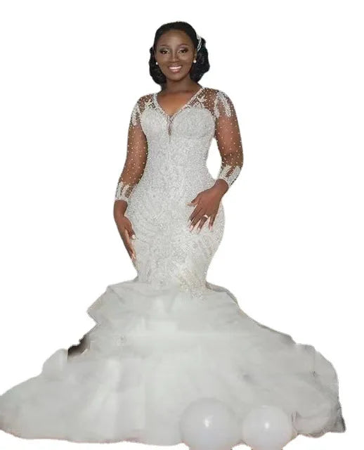 African Luxury Wedding Dresses V Neck Wedding Gown Lace Beaded Mermaid Wedding Dresses