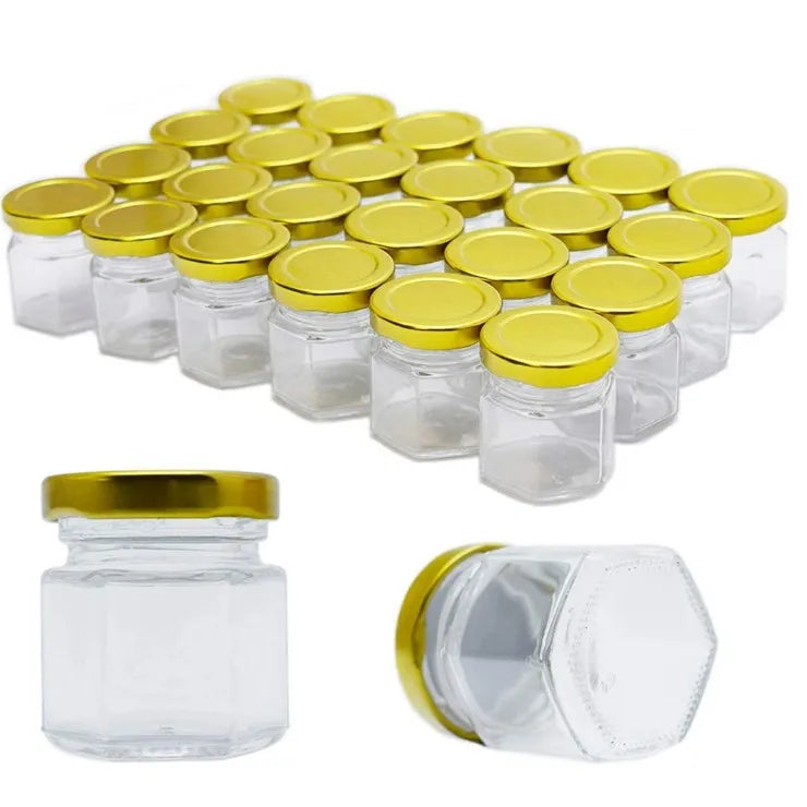 Mini 1.5oz 45ml Hexagon Glass Jars with Gold Lid for Cookie Candy Honey Jams Wedding Favors and Gifts