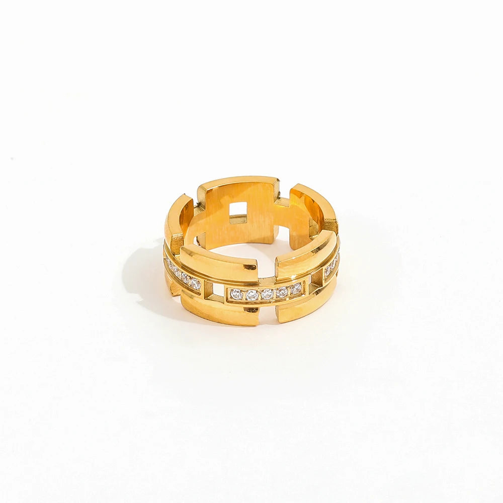 Joolim Stone Not Fall 18K Gold Plated Link Chain  CNC Zirconia Stainless Steel Chunky Band Statement Stainless Steel Rings