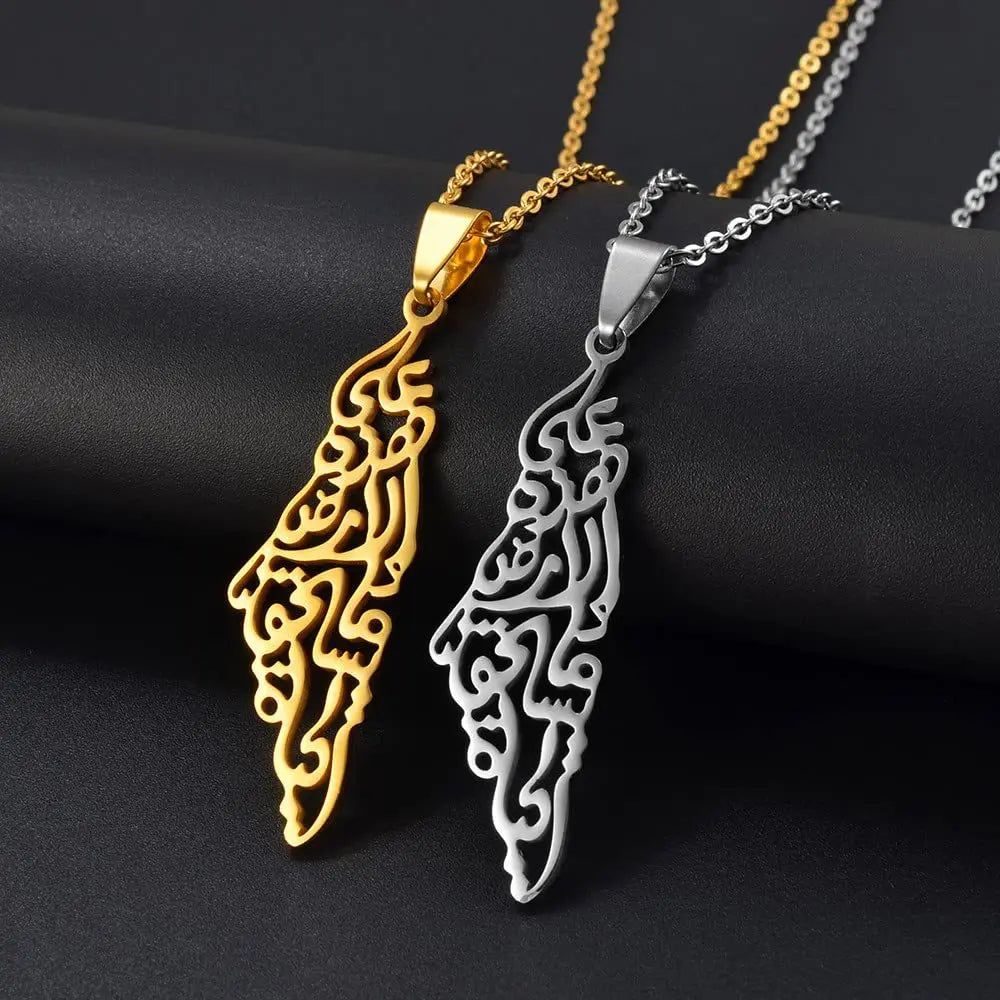 18K Gold Plated Stainless Steel Men's Jewelry Long Link Necklace Choker Pendant Hollow Carved Israel Palestine Map for Gift