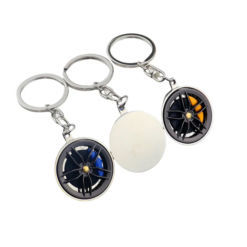 Metal Auto Part Hub Rim Rotating Car Charm Keychain Turntable Wheel Tire Key Chain Pendant Caliper Brake Disc Keyfob Accessories