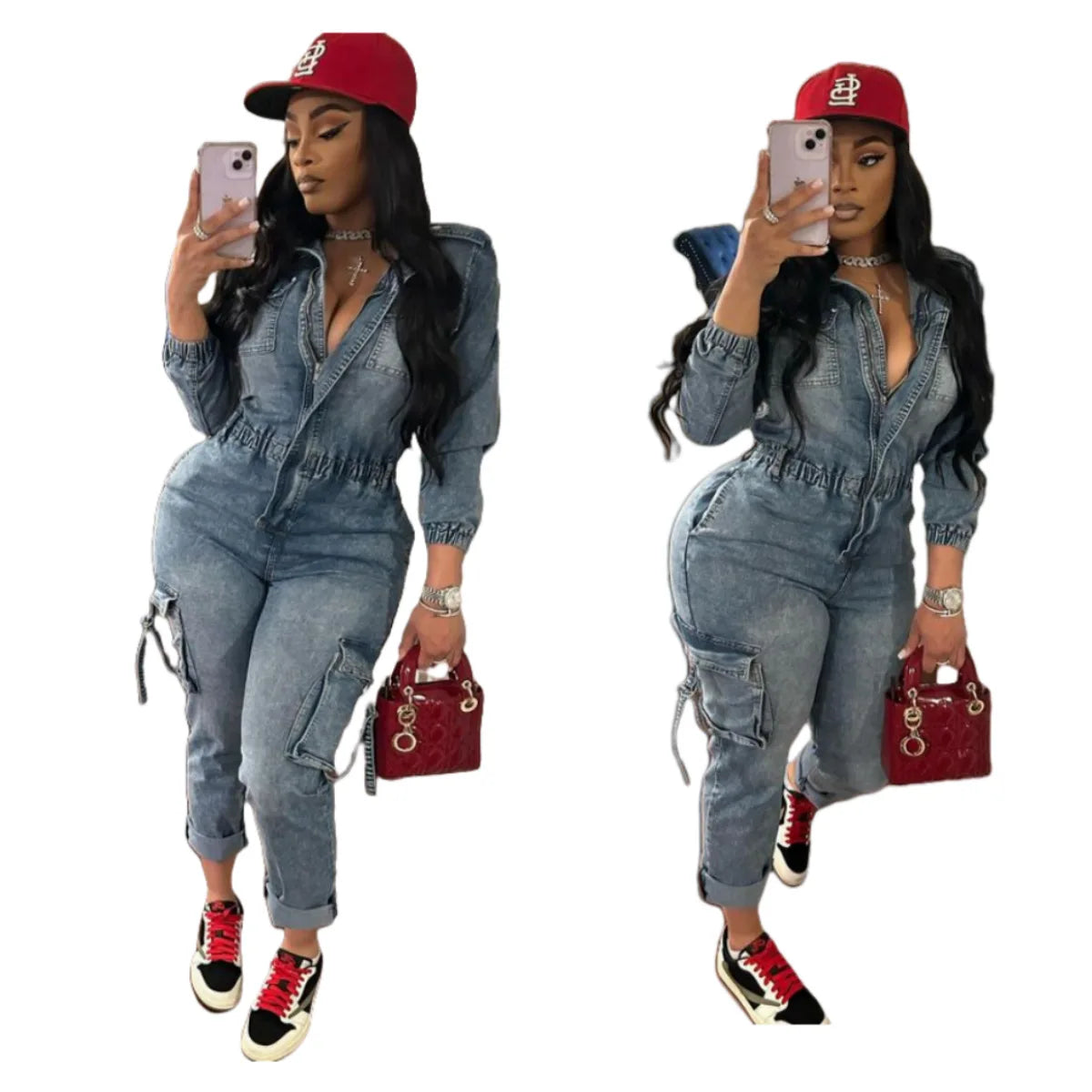 2026 New Arrivals Denim Cargo Pocket Overalls Spring Fashion Stretch Wash Denim Jumpsuit Long Sleeve Jeans Romper