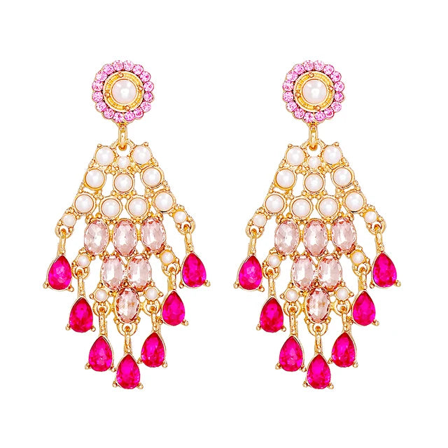 Kaimei 2022 Earrings Fashion Jewelry New Design Pink Rhinestone Tassel Pendant Earrings Fashion Gold Plated Long Earrings Luxury