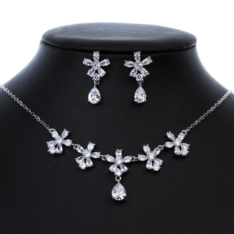 Cross Border Bride Trendy 24K Gold Plated Zircon Necklace & Earrings Two-Piece Set for Engagement Wedding Party Accessories