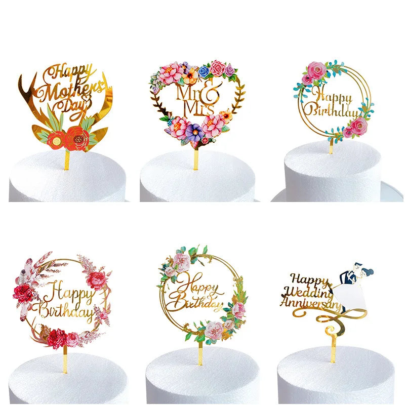 Beautiful Colourful Flower Print Happy Birthday Wedding Acrylic Cake Topper for Decoration Cake Toppers Acrylic  XQ677