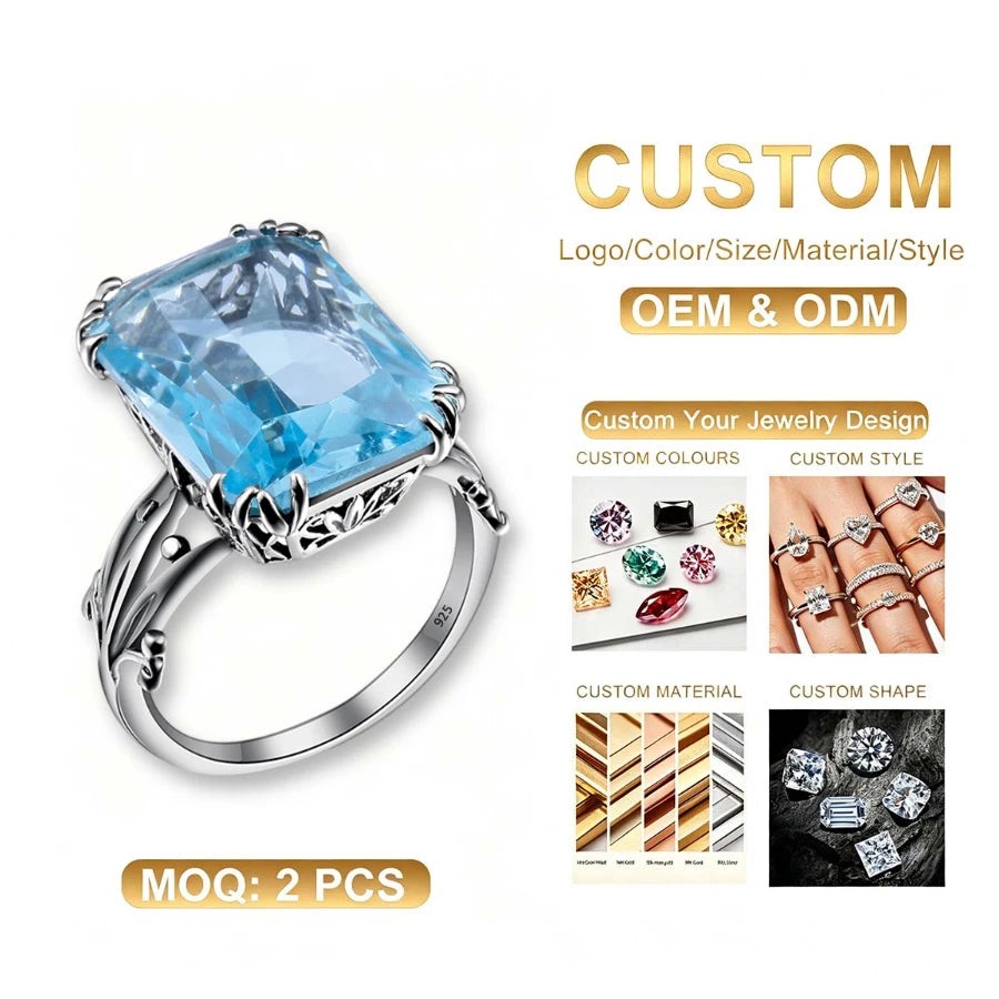 Trendy Luxury 13*18mm Flower Skyrim Aquamarine Emerald Cut Wedding Ring Women's Solid 925 Silver Gold Plated Customized Ring