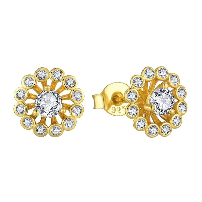 925 Sterling Silver Stud Earrings Gold Bezel CZ Flower Studs Designer Luxury Drop Earrings