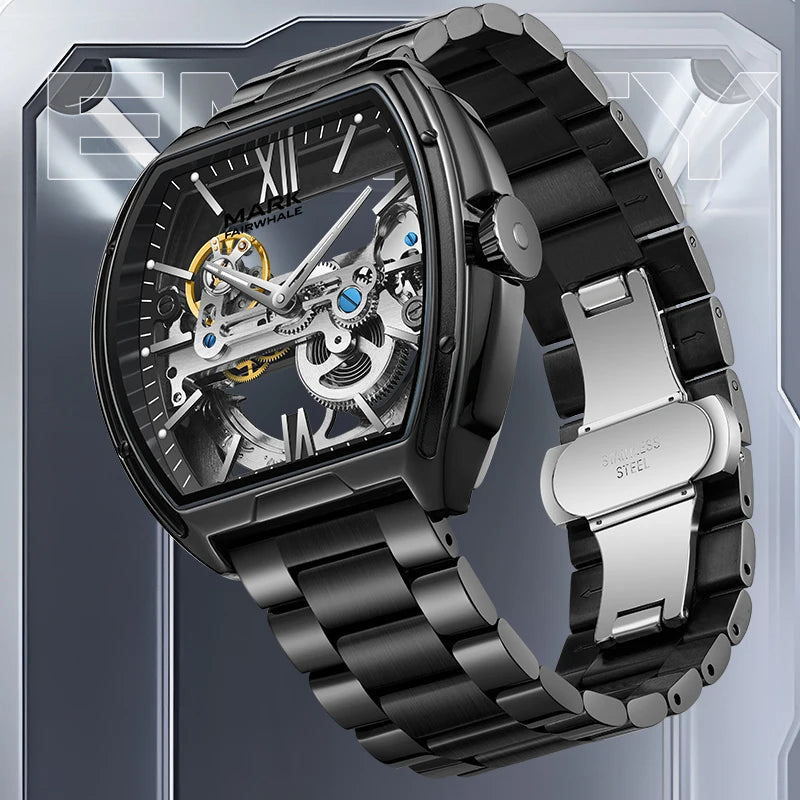 Mark Fairwhale Stainless Steel Band Alloy Case Full Hollow Back Transparent Mechanical Automatic Watch for Men