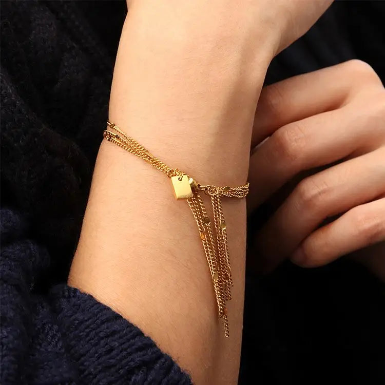 Chris April 316L Stainless Steel Tassels Layers Engravable Flake Satellite Chain Bracelet