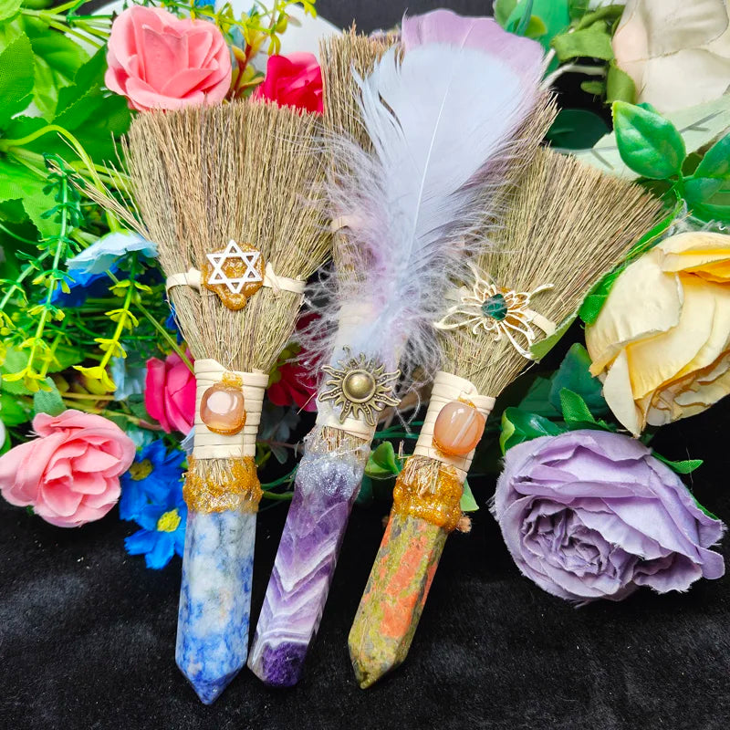Natural Crystal Magic Broom Different Design Logo Metal Quartz Healing Feather Red Jasper Broom