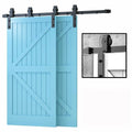 RHTECH 6.6FT Bypass Barn Door Slides Hardware Kit for Modern Double-Acting Door Black Carbon Steel Track Bent Hanger System