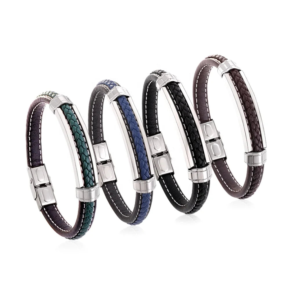 Wholesale Custom Stainless Steel Leather Bracelets for Men Black/Brown/Green/Blue Braided Rope Gift