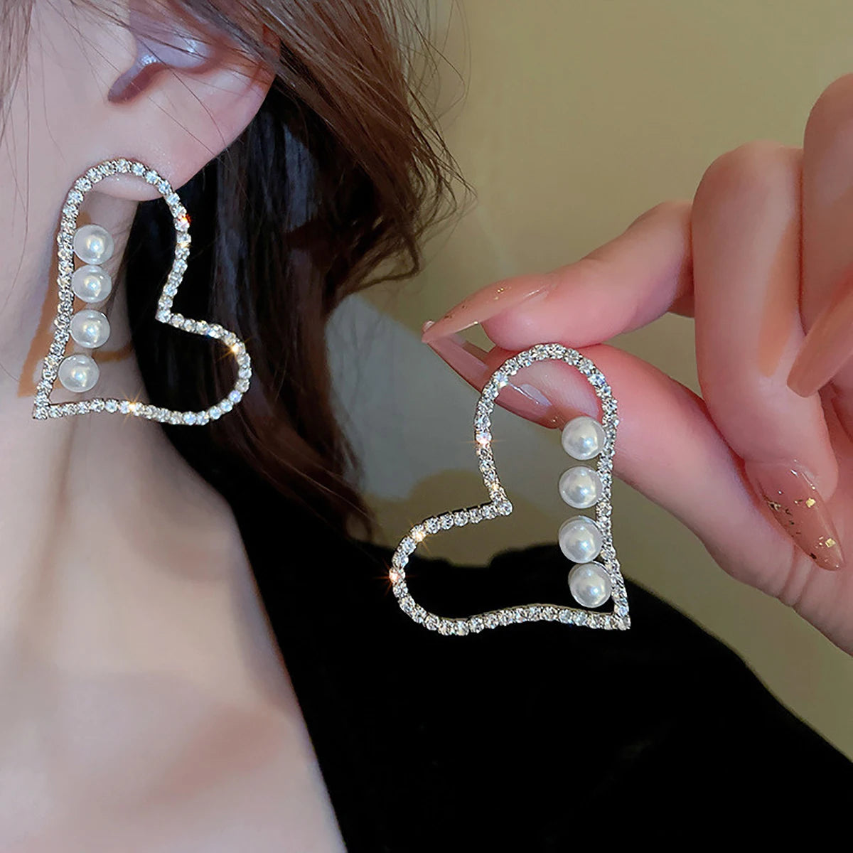CAOSHI Customable Big Heart Hollow Design Full Paved 3A Zircon Pearl Hanging Earrings for Women Wedding Fashion Pendant Earrings