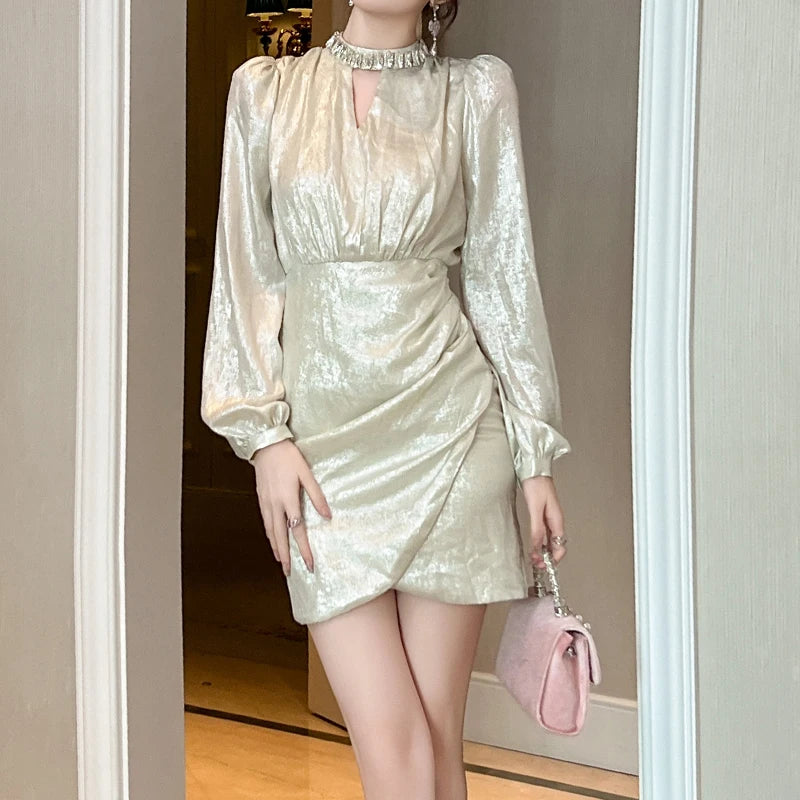 ZYHT 21471 Wholesale Ladies Elegant Long Sleeve Silk Satin Asymmetric Cut Out Birthday Party Winter Clothes for Women