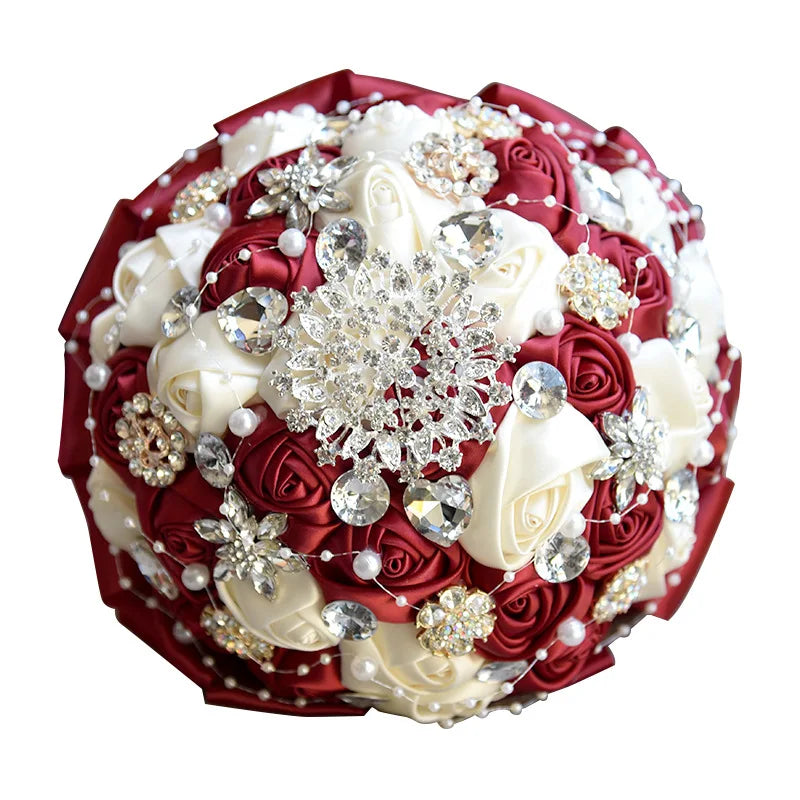Bridal Pearl Ribbon Bouquet Embellished With Roses Wedding Hand Throw Flower Decoration Simulation Flower Bouquet