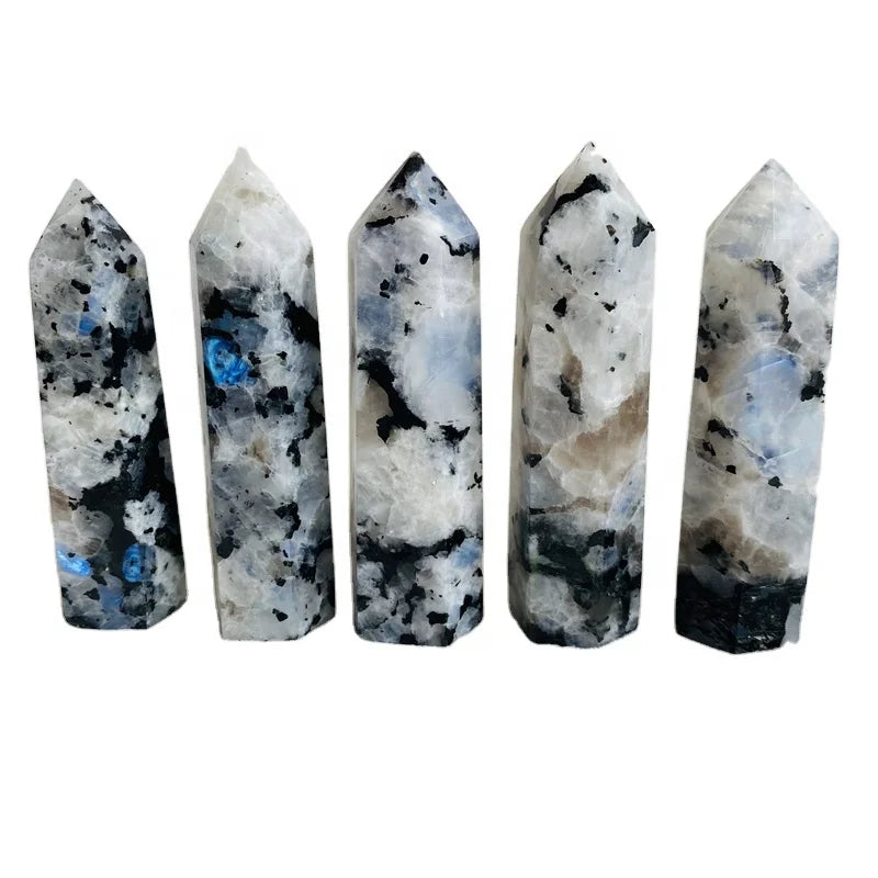 Wholesale Natural Crystal White Rainbow Moonstone Wand Tower Healing White Moonstone Point for Decoration