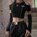 E-girl Style Patchwork Black T-shirts Gothic Open-houlder Sleeve Crop Tops Ruffles Hem Hip Hop Techwear Women Tee