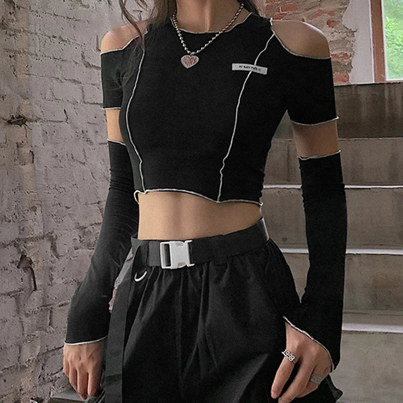 E-girl Style Patchwork Black T-shirts Gothic Open-houlder Sleeve Crop Tops Ruffles Hem Hip Hop Techwear Women Tee
