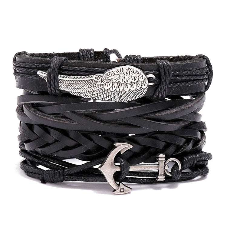 Vintage Charm Anchor Wing Handmade Adjustable Wrap Leather Bracelet Set Jewelry for Men