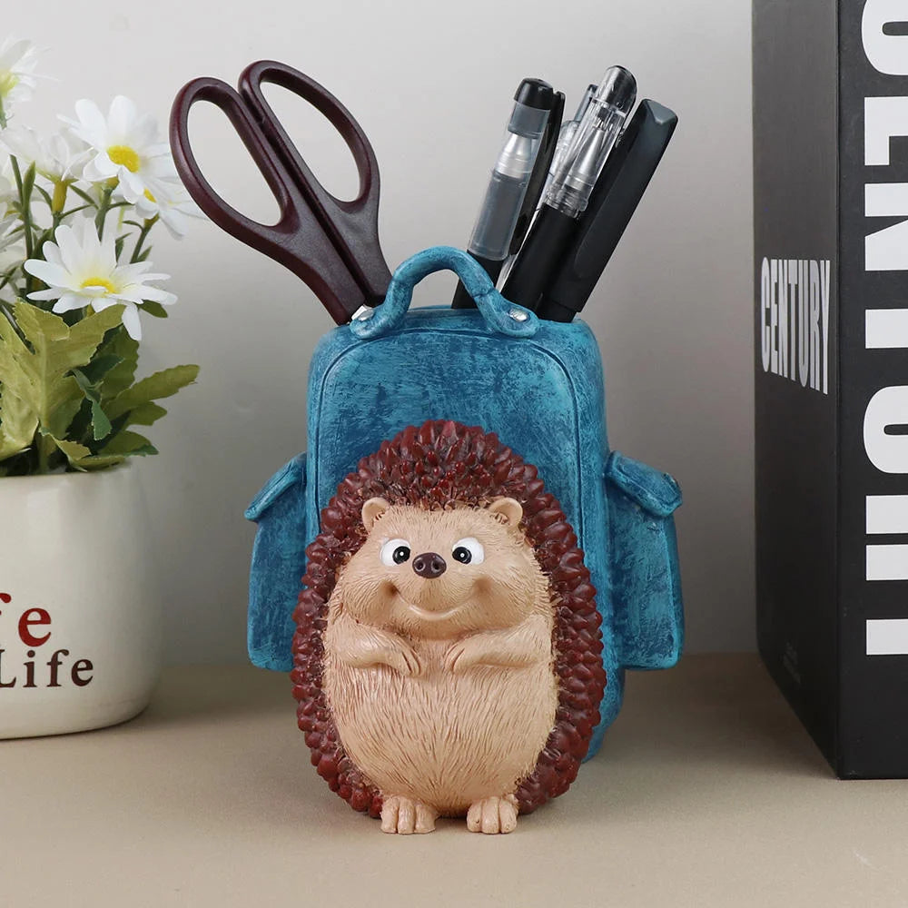 Resin Hand-painted Hedgehog Backpack Pen Holder-Soothing Desk Storage Fashion Holiday Gift Statue
