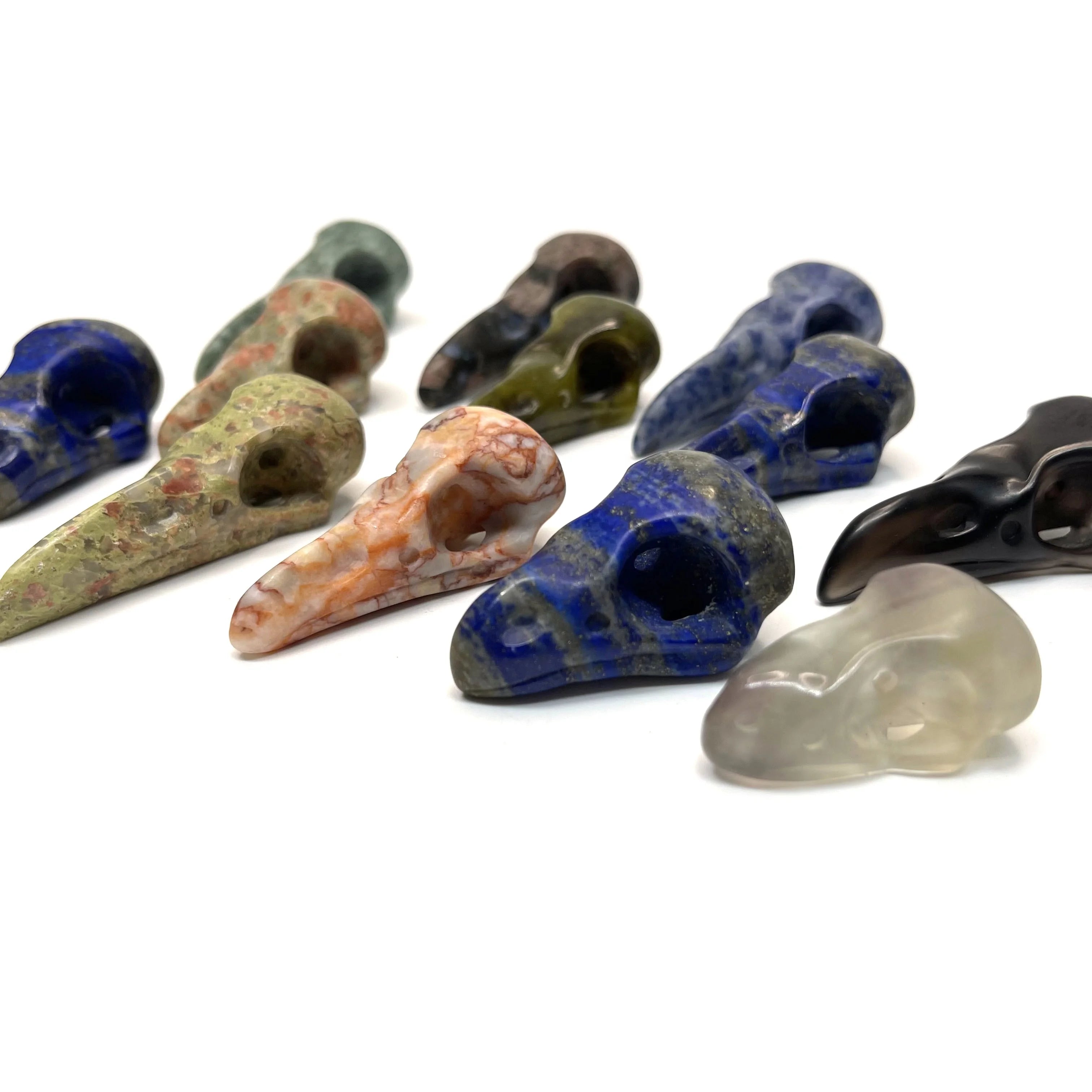 Natural Mixed Gemstone Crystal Raven Skulls Hand-carved Crow Sculpture