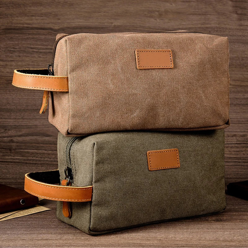 Wholesale Mens Cosmetic Bag Pouch Dopp Kit Canvas Toiletry Bag Genuine Leather Canvas Travel Toilet Bag for Groomsmen Gift