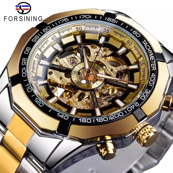 Forsining Men's Stainless Steel Mechanical Automatic Skeleton Watch Waterproof Wristwatch Oval Case Pointer Dial 22mm Sport