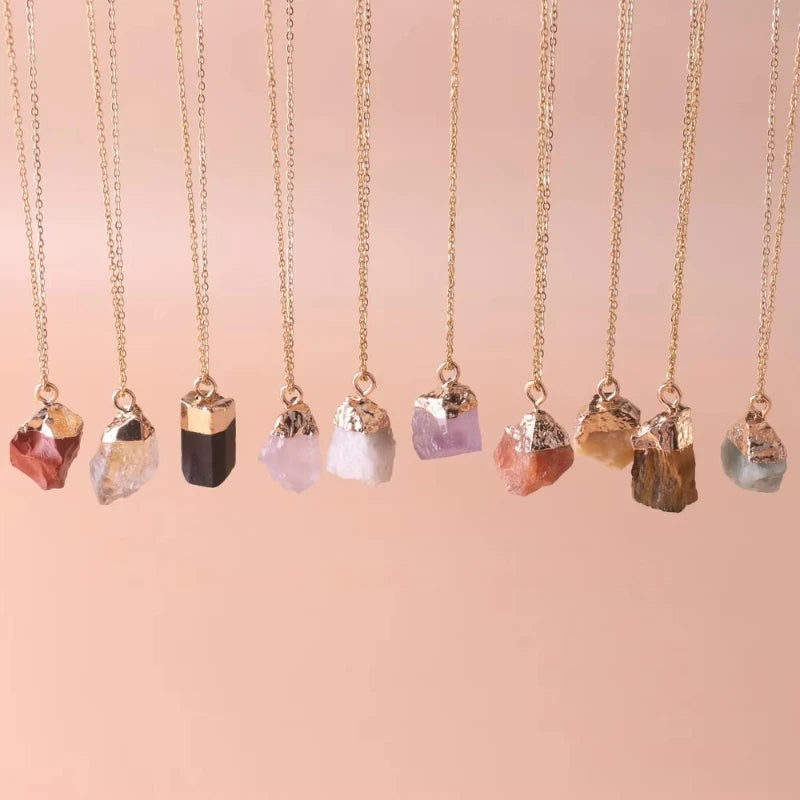 Classic Amethyst Irregular Stone Necklace for Women Men Stainless Steel Chain Reiki Healing Crystal Pendant Necklace Gift