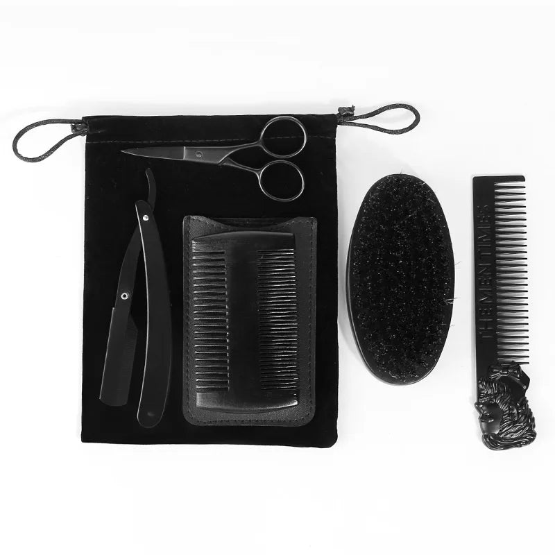 Wholesale  Black Beard Brush and Comb Set Men Grooming Natural Boar Bristle Beard Brush Pear Wood Comb Trimming Beard Scissors