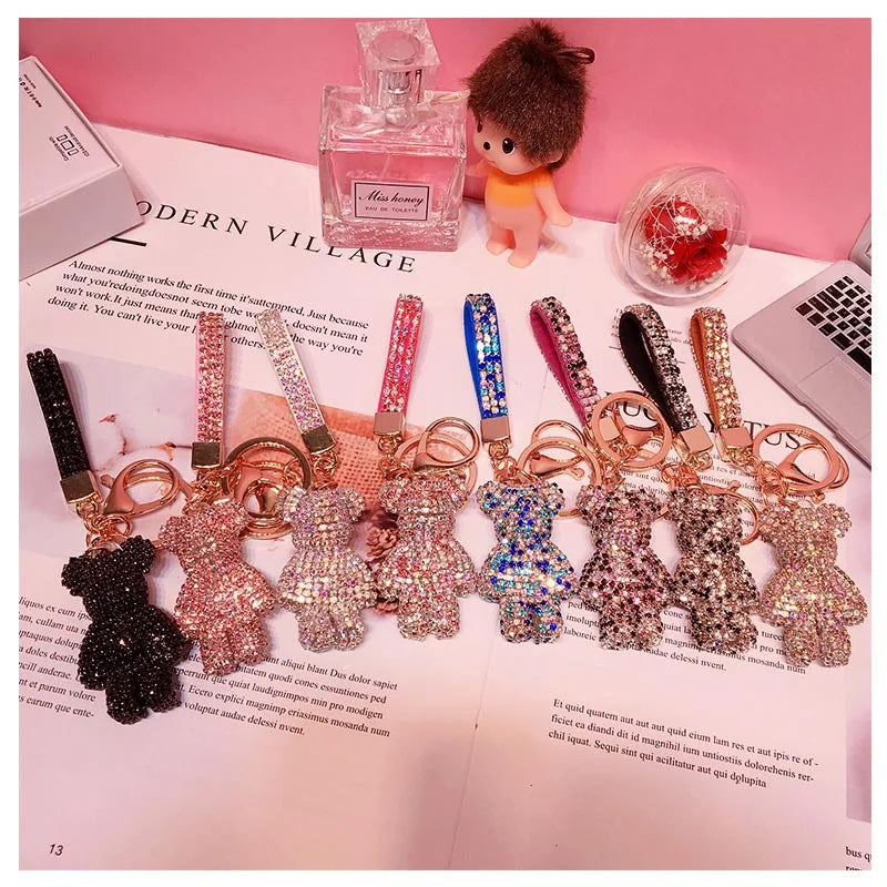 Hot Selling Latest Luxury Rhinestone Key Ring Bear Leather Strap Key Chain Designer Keychain