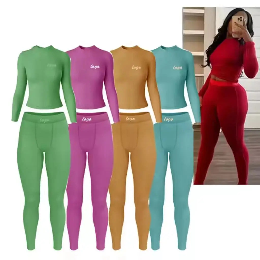 Custom Loungewear Women Sets Long Sleeves Tshirt and High-Waisted Legging Lounge Wear Two Piece Set Women Clothing Ropa De Mujer