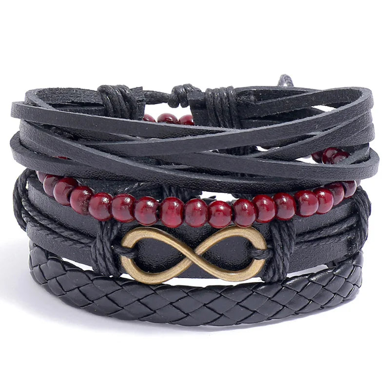 Men's Retro Alloy Multilayer Bracelet Handmade Braided 8 Characters Leather Beaded Bracelet Trendy Gift Size Adjustable